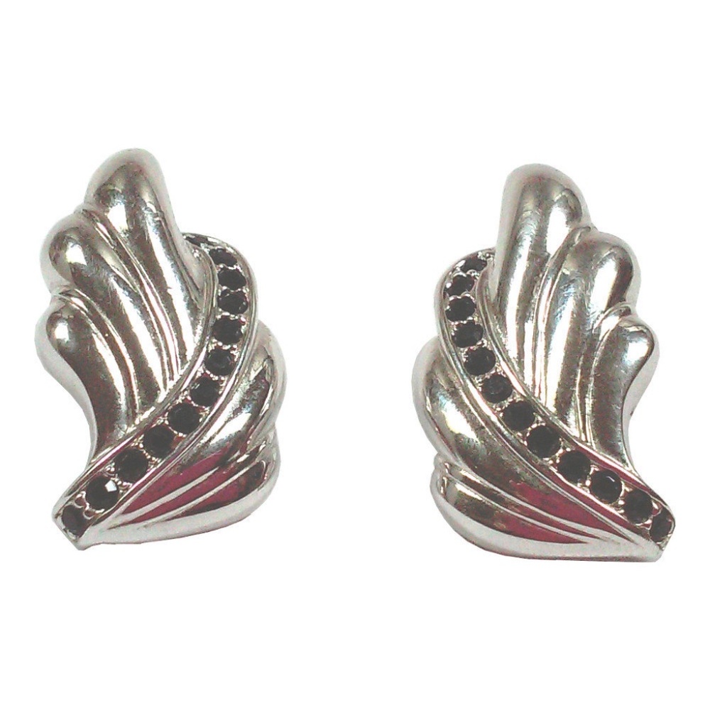 Vintage Swarovski Art Deco Swirl Leaf Earrings Silver-Tone Black